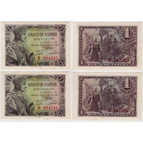 Estado Español. 1943. 1 Pesetas (x2) (SC) Serie B. Pequeñas manchas. Pareja Correlativa