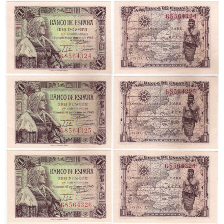 Estado Español. 1945. 1 Peseta (SC) Serie G. Trío Correlativo