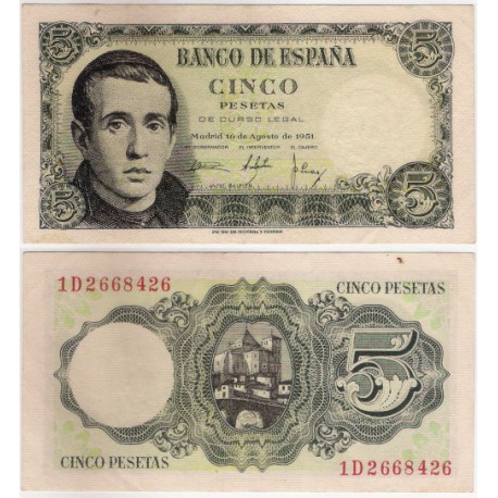 Estado Español. 1951. 5 Pesetas (EBC) Serie 1D. Manchas