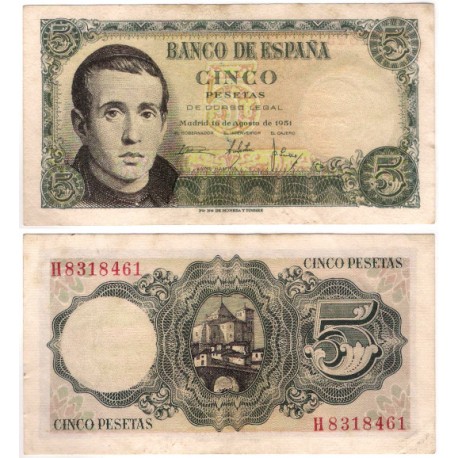Estado Español. 1951. 5 Pesetas (MBC) Serie H. Manchas