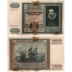 Estado Español. 1940. 500 Pesetas (BC/BC-) Serie A. Roturas y marcas de adhesivo
