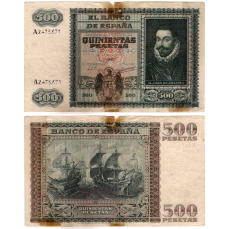 Estado Español. 1940. 500 Pesetas (BC/BC-) Serie A. Roturas y marcas de adhesivo