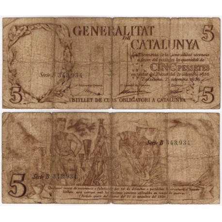 Generalitat de Cataluña. 1936. 5 Pesetas (BC-) Serie B. Roturas