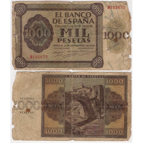 Estado Español. 1936. 1000 Pesetas (RC) Serie B. Roturas en márgenes