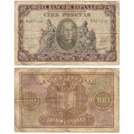 Estado Español. 1940. 100 Pesetas (BC/BC-) Serie D