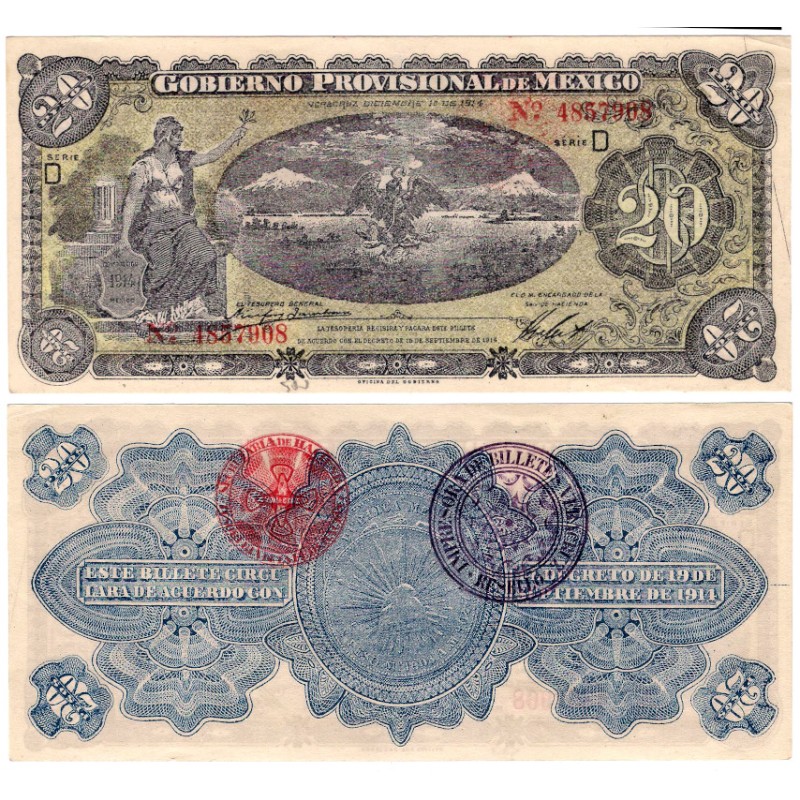 Billete 20 Pesos Gobierno Provisional De Mexico 1914