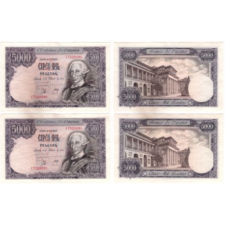 España. 1976. 5000 Pesetas (x2) (EBC+) Serie I. Pareja Correlativa