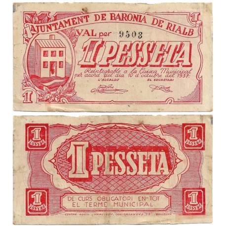 Baronia de Rialb. 1937. 1 Peseta (BC+) Leves roturas en margenes
