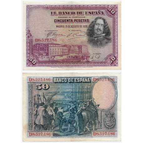 España. 1928. 50 Pesetas (MBC+) Serie D. Leve rotura en margen derecho