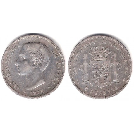 Alfonso XII. 1875*(---75). 5 Pesetas (BC/BC+) (Plata) Ceca de Madrid DE-M. Variante Oreja Rallada