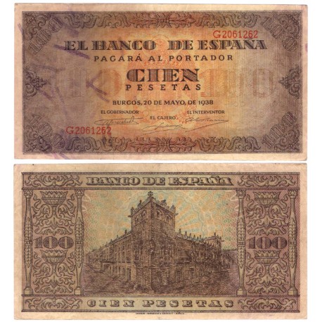 Estado Español. 1938. 100 Pesetas (MBC) Serie G. Pequeños agujeros