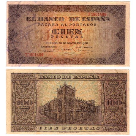 Estado Español. 1938. 100 Pesetas (MBC) Serie F. Pequeños agujeros