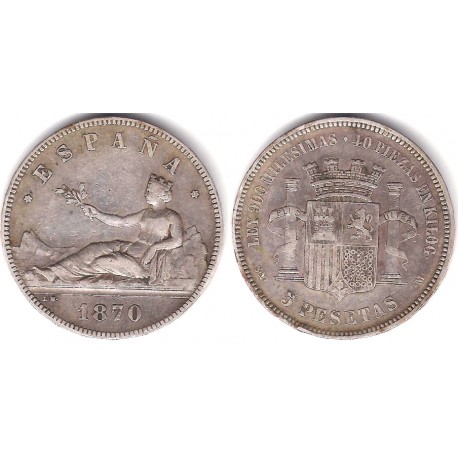 Gobierno Provisional. 1870*(18-70). 5 Pesetas (BC/BC+) (Plata) Ceca de Madrid SN-M