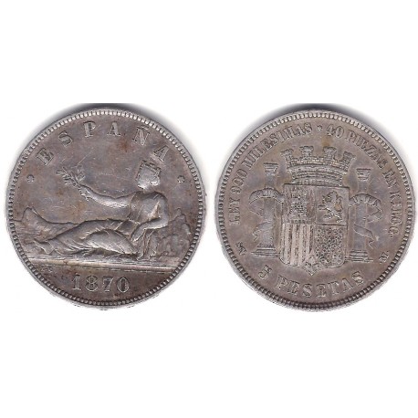 Gobierno Provisional. 1870*(18-70). 5 Pesetas (BC/BC+) (Plata) Ceca de Madrid SN-M