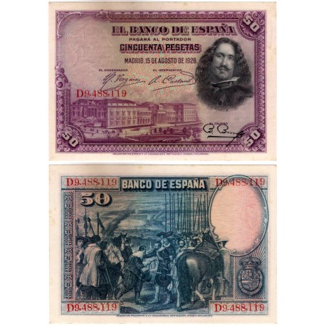 España. 1928. 50 Pesetas (SC) Serie D. Manchitas y leve marca de clip
