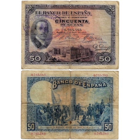 España. 1927. 50 Pesetas (BC) Sin Serie. Con Sello Republicano