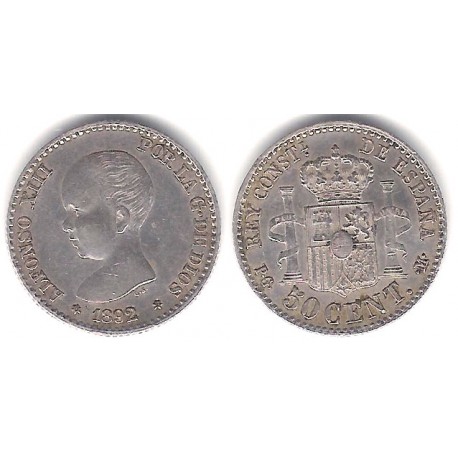 Alfonso XIII. 1892*(9-2). 50 Céntimos (MBC) (Plata) Ceca de Madrid PG-M