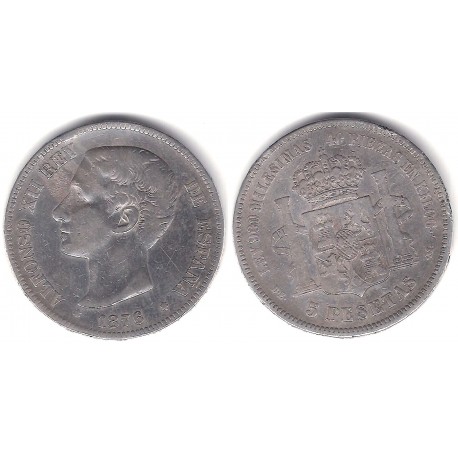 Alfonso XII. 1876*(-----). 5 Pesetas (BC/BC-) (Plata) Ceca de Madrid DE-M. Variante OREJA RALLADA