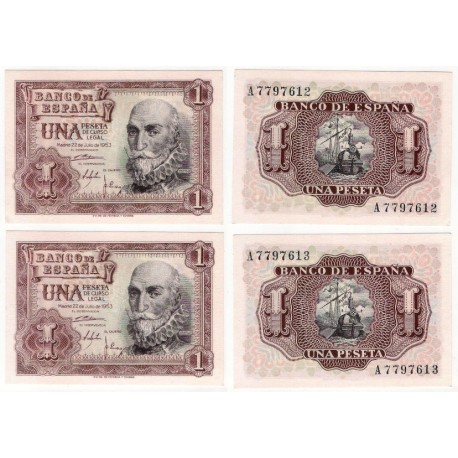 Estado Español. 1953. 1 Peseta (SC) (x2) Serie A. Pareja Correlativa