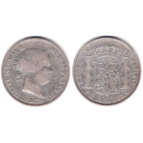 Isabel II. 1867. 2 Escudos (MBC-) (Plata) Ceca de Madrid