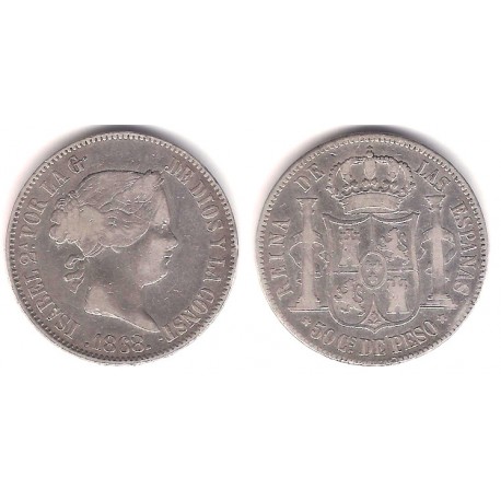 Isabel II. 1868. 50 Centavos de Peso (MBC-) (Plata) Ceca de Manila