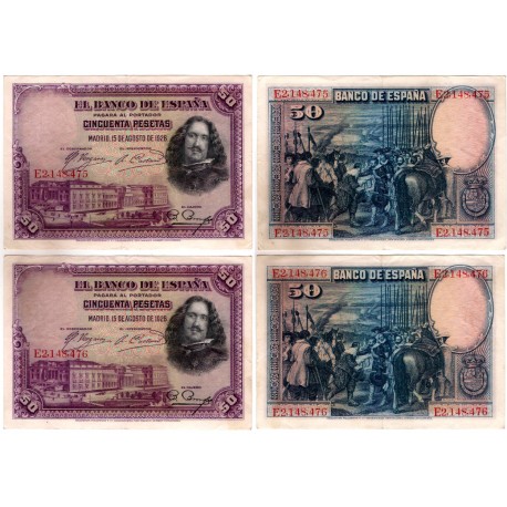 España. 1928. 50 Pesetas (x2) (EBC) Serie E. Pareja Correlativa