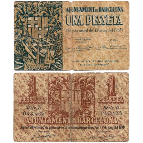 Barcelona. 1937. 1 Peseta (BC/BC-) Roturas