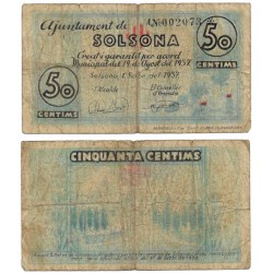 Solsona. 1937. 50 Céntimos (BC/BC-) Roturas en márgenes