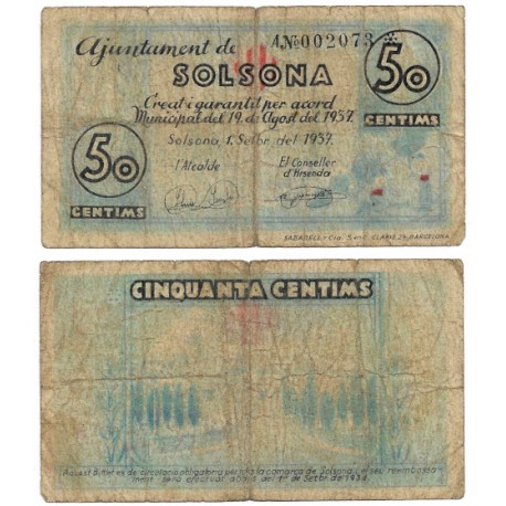 Solsona. 1937. 50 Céntimos (BC/BC-) Roturas en márgenes