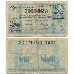 Solsona. 1937. 50 Céntimos (BC) Serie A. Leves roturas en márgenes