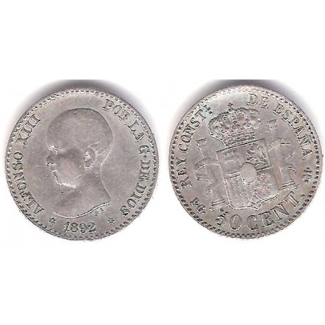 Alfonso XIII. 1892*(9-2). 50 Céntimos (MBC-) (Plata) Ceca de Madrid PG-M