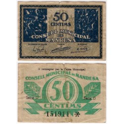 Manresa. 1937. 50 Céntimos (BC+) Serie D. Leve rotura margen superior