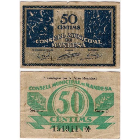 Manresa. 1937. 50 Céntimos (BC+) Serie D. Leve rotura margen superior