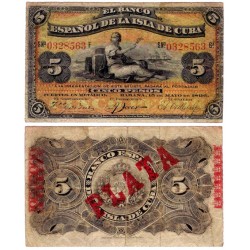Cuba Colonial. 1896. 5 Pesos (BC+/MBC-) Rotura doblez central