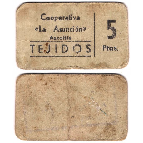 Cooperativa La Asunción. Azcoitia. Tejidos. 5 Pesetas (BC)