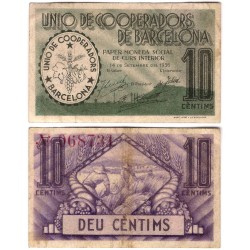 Unió de Cooperadors de Barcelona. 1936. 10 Céntimos (BC+)