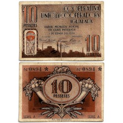 Cooperativa Unió de Cooperadors. Igualada. 1938. 10 Pesetas (BC+) Leve rotura en doblez central
