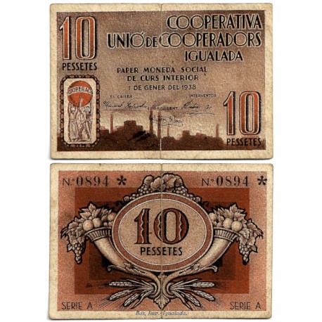 Cooperativa Unió de Cooperadors. Igualada. 1938. 10 Pesetas (BC+) Leve rotura en doblez central
