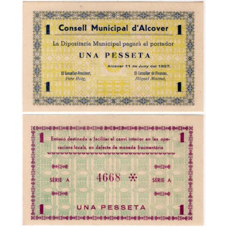 Alcover. 1937. 1 Peseta (SC) Serie A