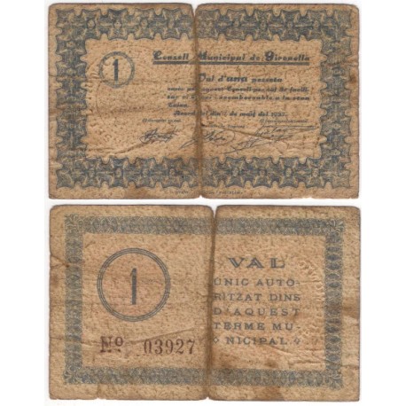 Gironella. 1937. 1 Peseta (BC/BC-) Rotura en doblez central