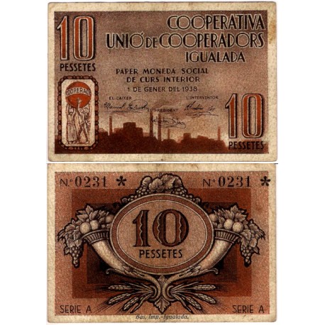 Cooperativa Unió de Cooperadors. Igualada. 1938. 10 Pesetas (MBC)