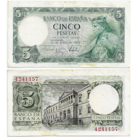Estado Español. 1954. 5 Pesetas (MBC) Sin Serie. Leve rotura en margen superior