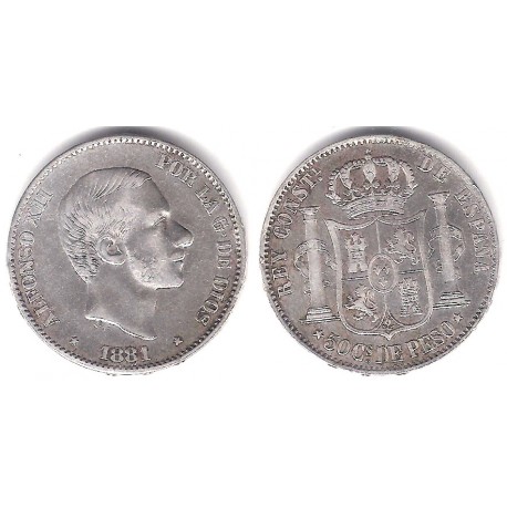 Alfonso XII. 1881. 50 Centavos de Peso (MBC) (Plata) Ceca de Manila