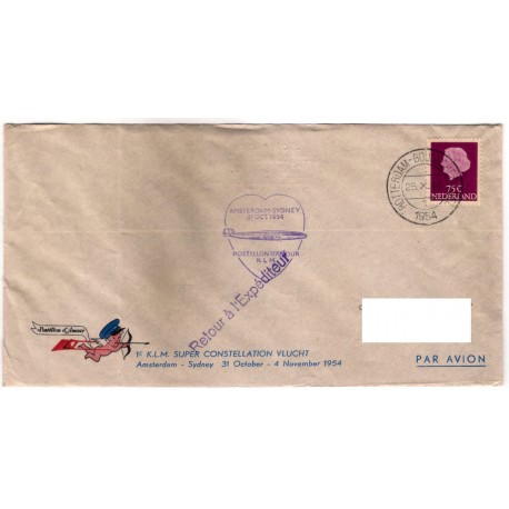Sobre Primer Día. Países Bajos. 1954. Vuelo Amsterday-Sydney (Nuevo)