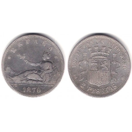 Gobierno Provisional. 1870*(18-74). 2 Pesetas (BC/BC+) (Plata) Ceca de Madrid DE-M