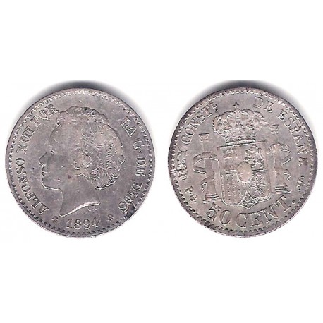 Alfonso XIII. 1894*(9-4). 50 Céntimos (BC/BC+) (Plata) Ceca de Madrid PG-V