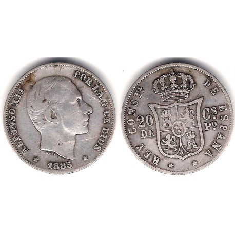 Alfonso XII. 1885. 20 Centavos de Peso (MBC-) (Plata) Ceca de Manila