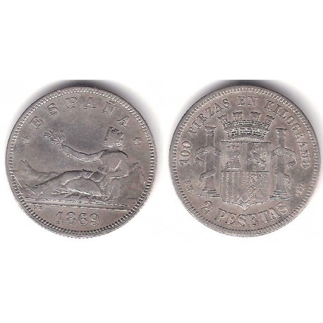 Gobierno Provisional. 1869*(18-69). 2 Pesetas (BC) (Plata) Ceca de Madrid SN-M