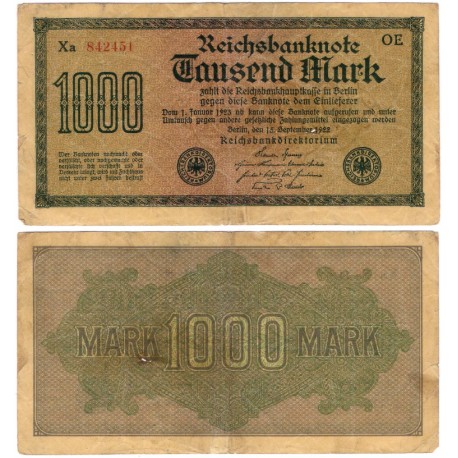 (76b) Imperio Alemán (Weimar). 1922. 1000 Mark (BC) Leve rotura