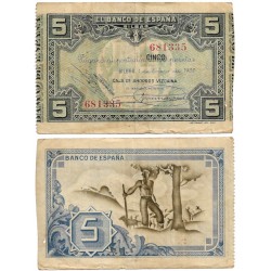 España (II República). 1937. 5 Pesetas (BC) Pequeño Agujero